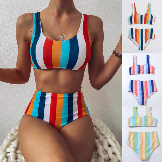 Striped Print Bikini High Waist Swimsuit